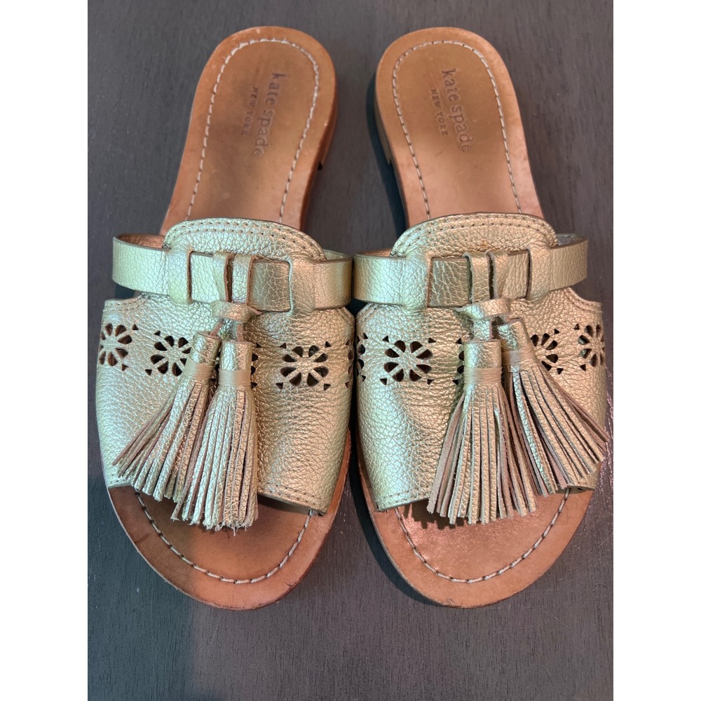 Kate Spade New York Metallic Gold Leather Tassel Laser Cut Slide Sandals 6.5